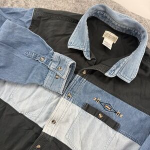 Express Riders Shirt Mens XL Blue Black Colorblock Denim Western Embroidered